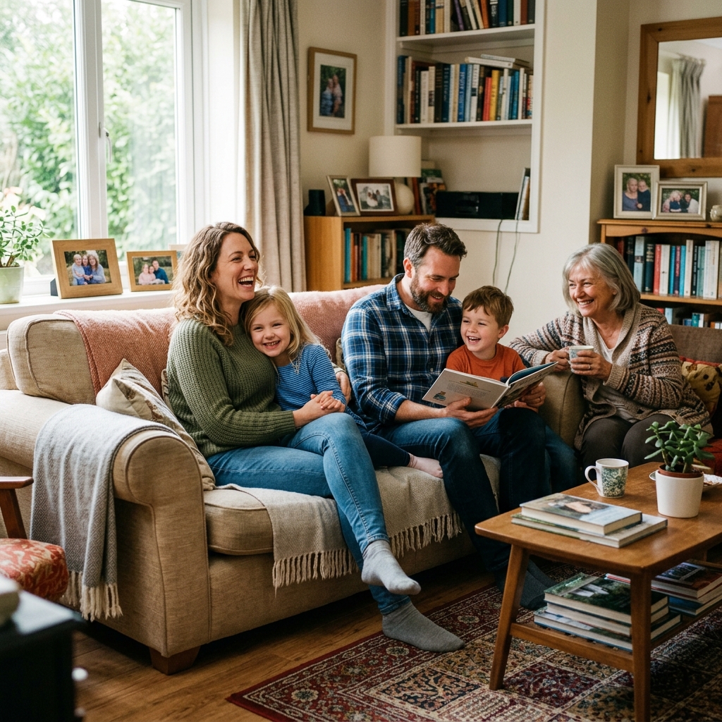 Happy family connecting at home
