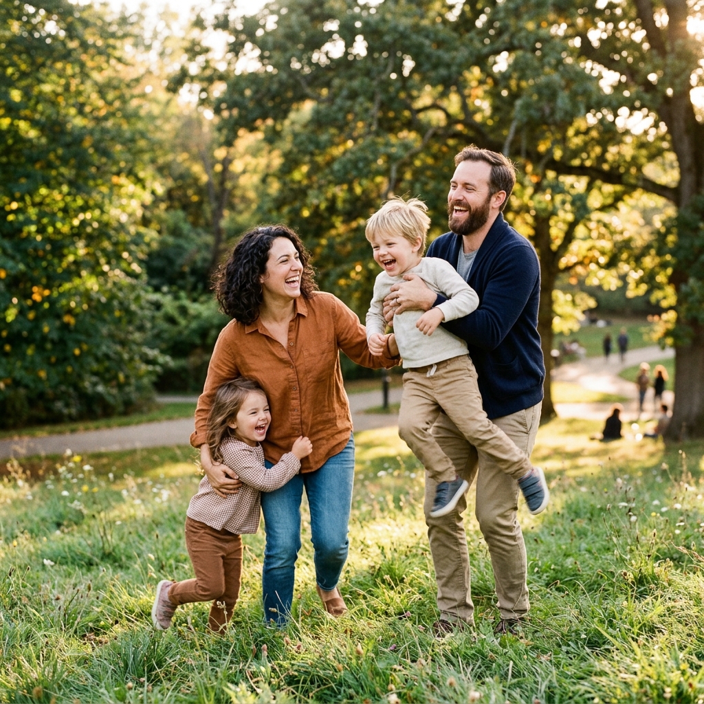 Loving parents playing with their young children outdoors