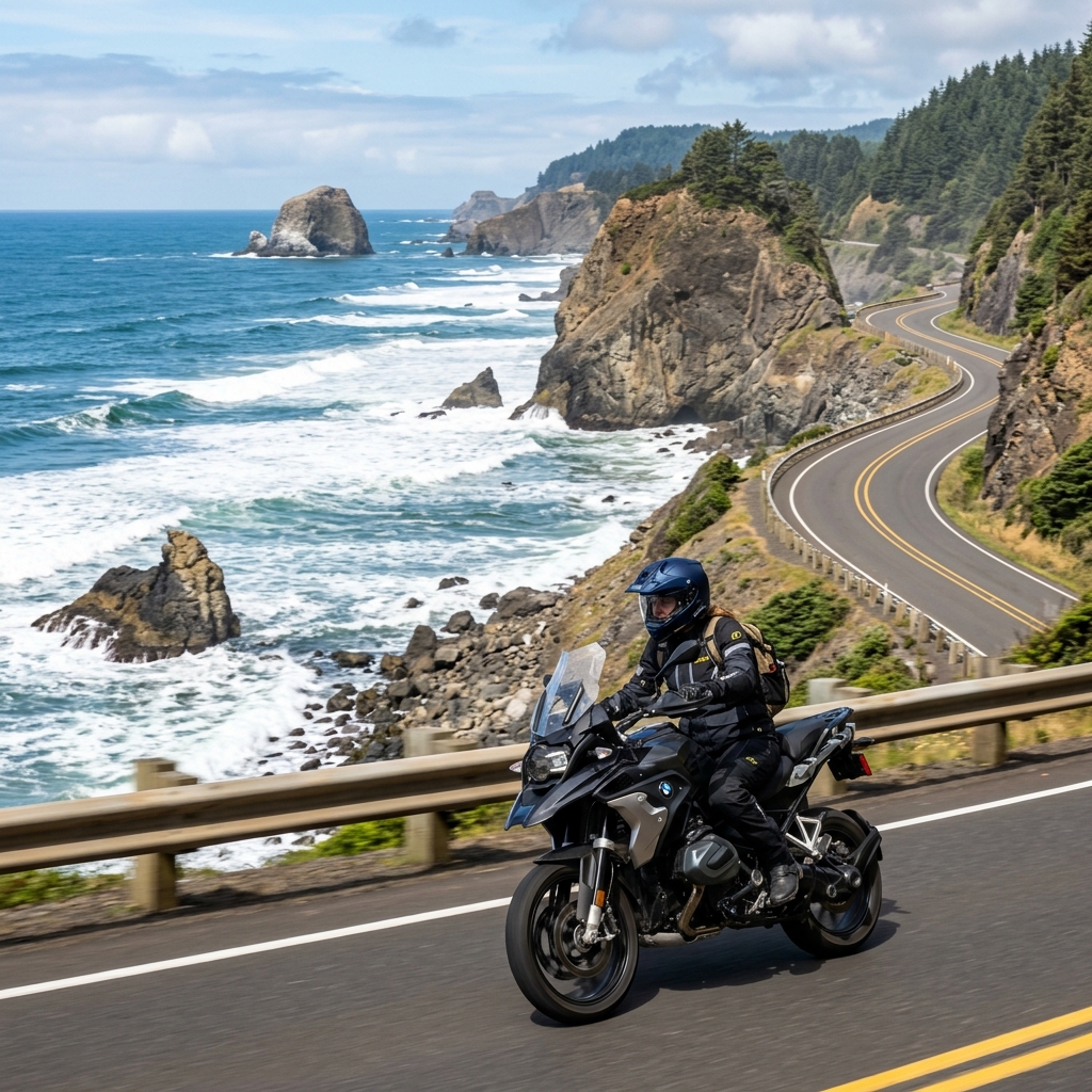 Motorcycle rider on the beautiful Oregon coast